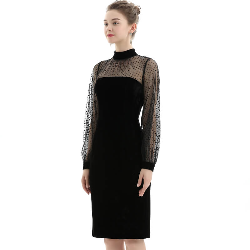 JJparty-D030 Women velvet knit mock neck long puff sleeves fitted midi party dress