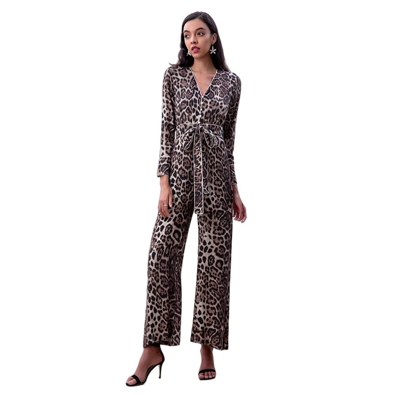 JJparty-R171 Women leopard print long sleeves flare leg jumpsuit