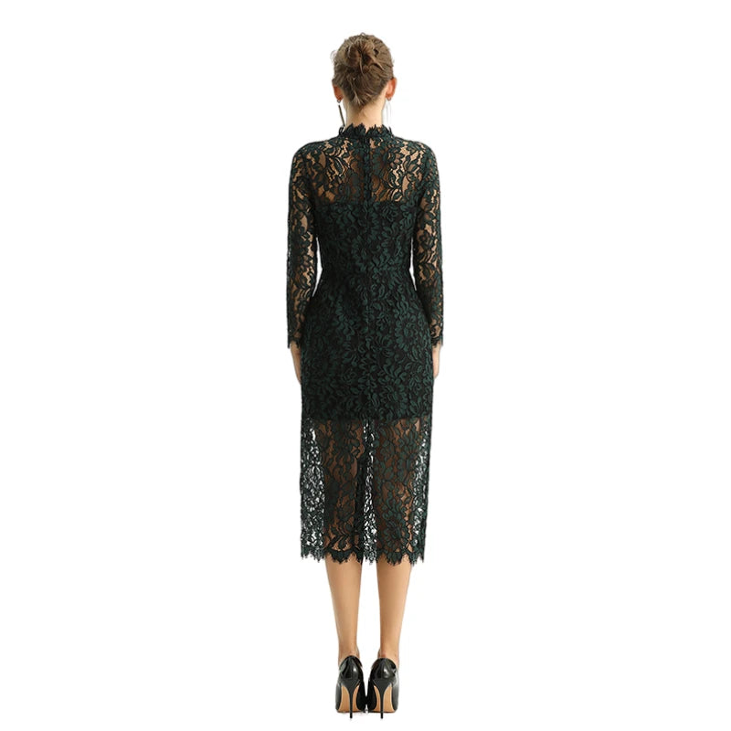 JJparty-D088 Women two-tone floral lace mock neck long sleeve slim fit midi party dress