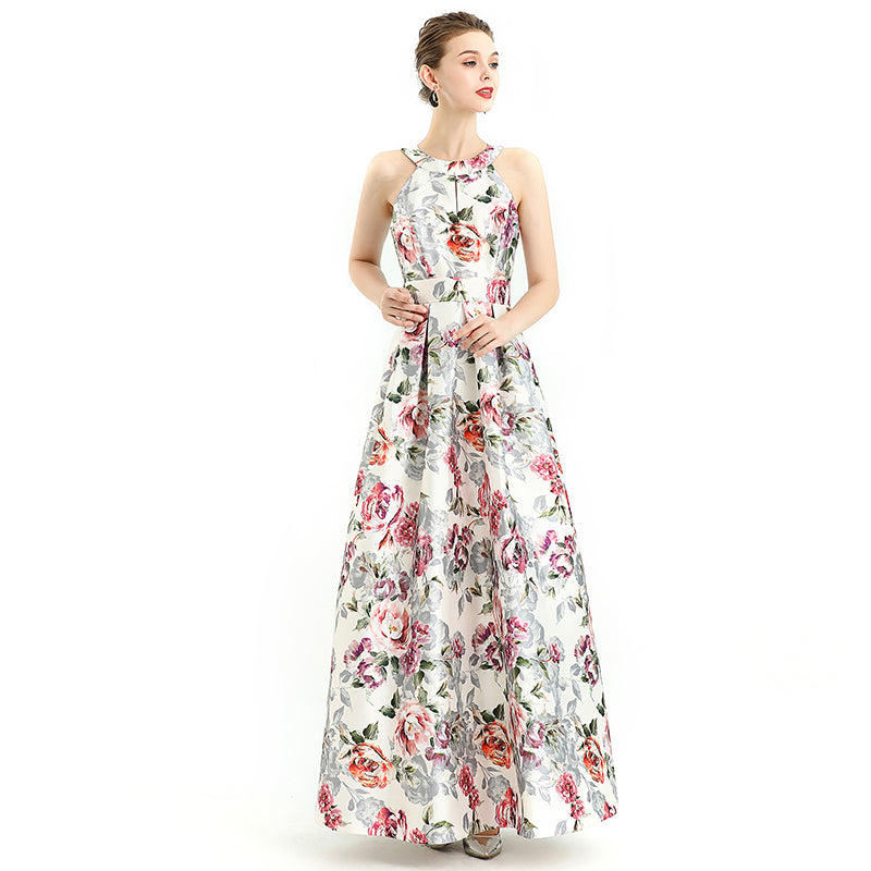 JJparty-D112 Women floral print halter neck sleeveless full circle flared maxi evening dress