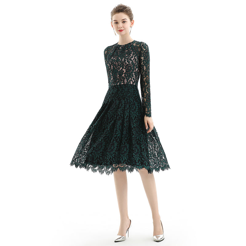 JJparty-D080 Women floral scallop lace long sleeves flared pleated party midi dress