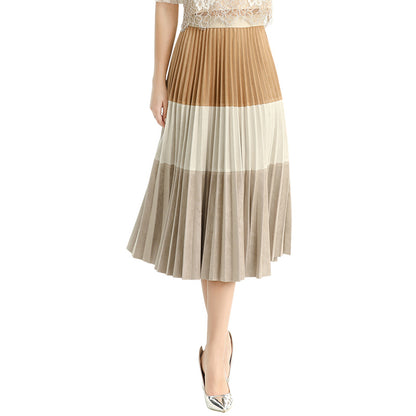 JJparty-S125 Women faux suede color-block full circle sunburst pleated midi skirt