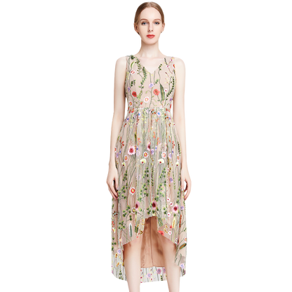 JJparty-D006 Women all-over floral embroidered tulle sleeveless asymmetric hem midi party dress