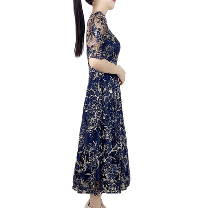 JJparty-D175 Women all-over floral embroidered sequinned short sleeves flared midi evening dress