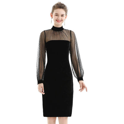 JJparty-D030 Women velvet knit mock neck long puff sleeves fitted midi party dress