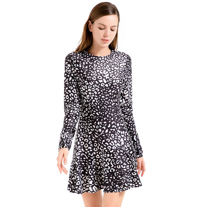 JJparty-D023 Women animal print round neck long sleeves flared mini day dress