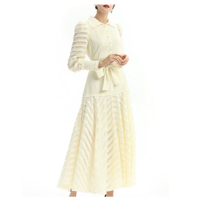 JJparty-D035 Women solid shirt collar long sleeves stripes detailing flared maxi dress