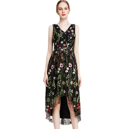 JJparty-D006 Women all-over floral embroidered tulle sleeveless asymmetric hem midi party dress