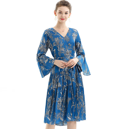 JJparty-D057 Women floral print three-quarter sleeves tiered design midi dress