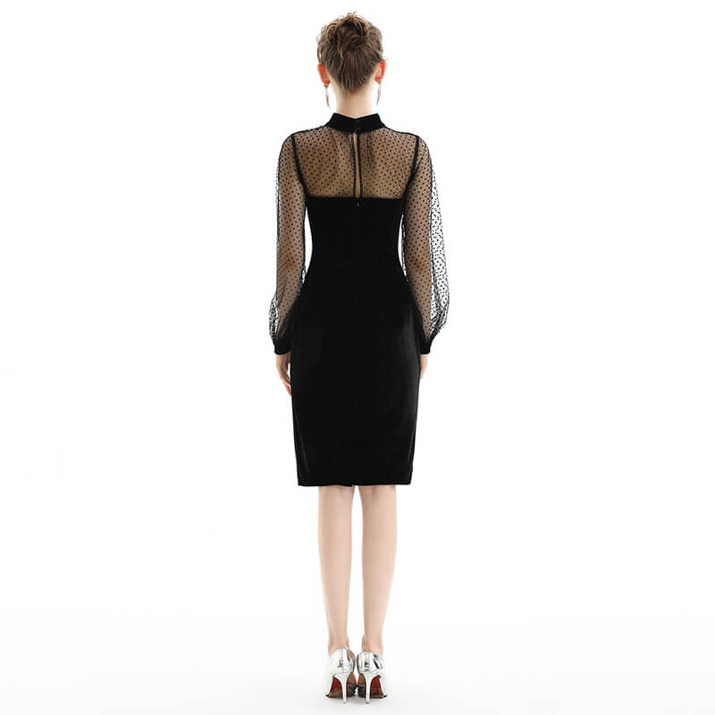 JJparty-D030 Women velvet knit mock neck long puff sleeves fitted midi party dress