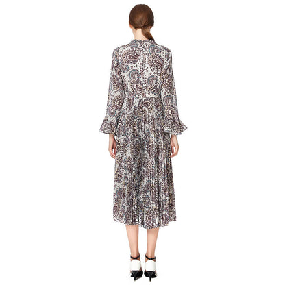 JJparty-D037 Women paisley print long sleeves sunburst pleated midi day dress