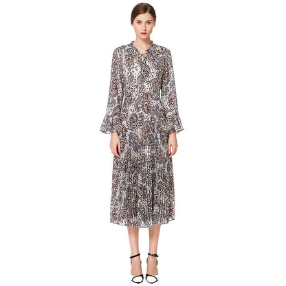 JJparty-D037 Women paisley print long sleeves sunburst pleated midi day dress