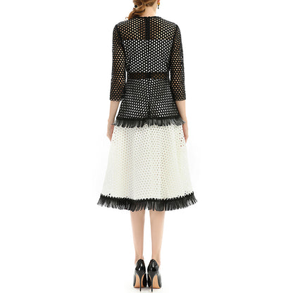 JJparty-D052 Women macramé lace three-quarter sleeves tiered design flared midi dress