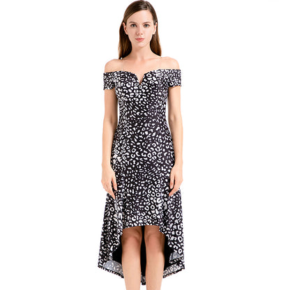 JJparty-D024 Women animal print off shoulder short sleeves asymmetric hem midi party dress