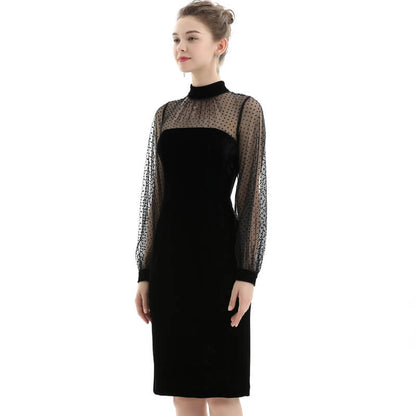 JJparty-D030 Women velvet knit mock neck long puff sleeves fitted midi party dress