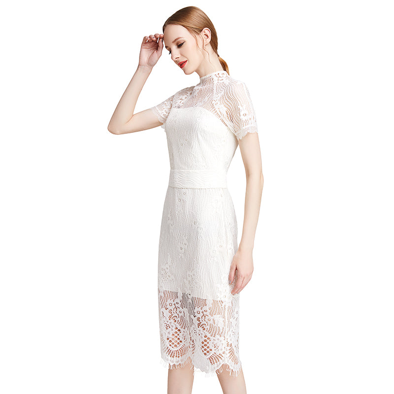 JJparty-D002 Women floral eyelash lace short sleeve midi fitted party dress