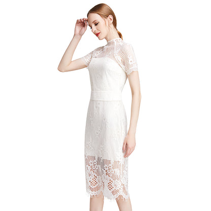 JJparty-D002 Women floral eyelash lace short sleeve midi fitted party dress