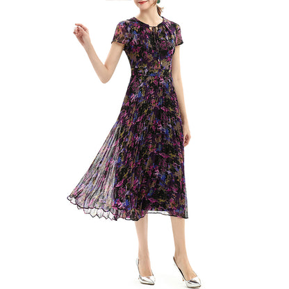 JJparty-D028 Women artistic floral print cap sleeves pleated midi day dress