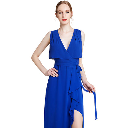 JJparty-D015 Women solid heavy georgette V neck maxi evening dress