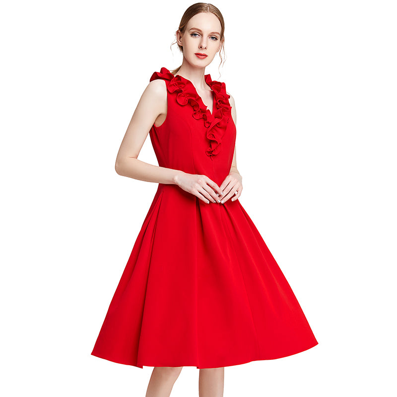 JJparty-D004 Women solid sleeveless ruched ruffle midi party dress