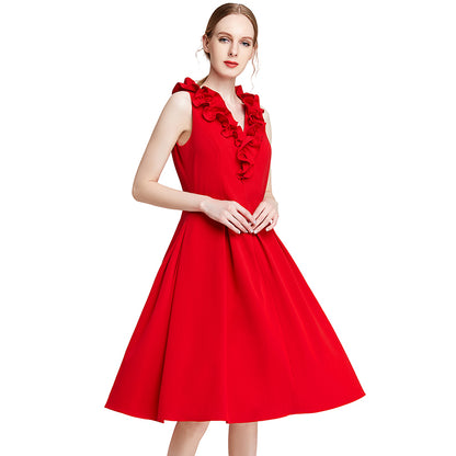 JJparty-D004 Women solid sleeveless ruched ruffle midi party dress