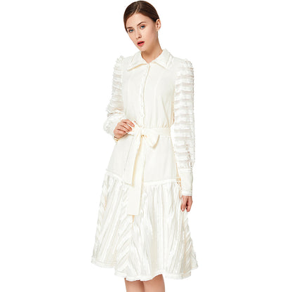 JJparty-D033 Women solid shirt collar long sleeves stripes detailing flared midi dress