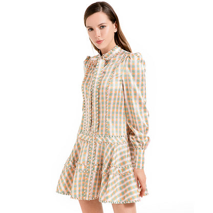 JJparty-D011 Women check print silk cotton long puff sleeves mini day dress