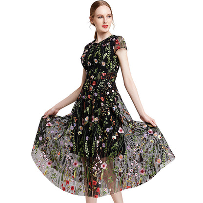 JJparty-D009 Women all-over floral embroidered tulle cap sleeves midi party dress
