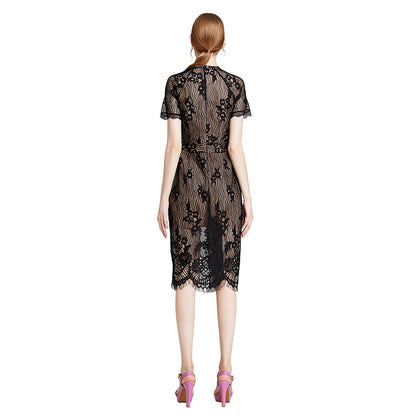 JJparty-D002 Women floral eyelash lace short sleeve midi fitted party dress
