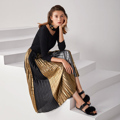 JJparty-C027A Women metallic printed color-block full circle sunburst pleated evening midi skirt