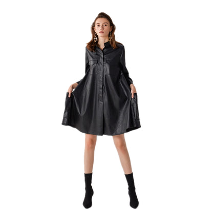 JJparty-7C56 Women faux leather band collar long sleeves A-shape midi shirt dress