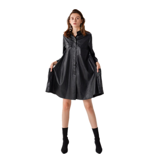 JJparty-7C56 Women faux leather band collar long sleeves A-shape midi shirt dress