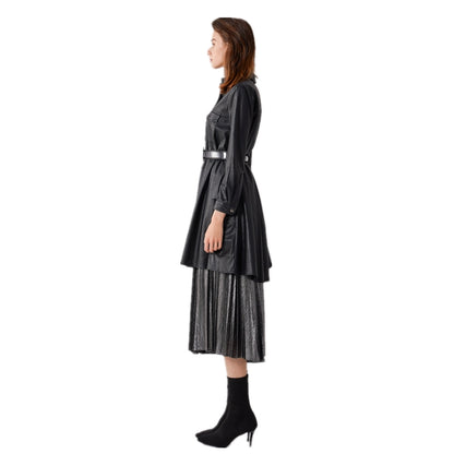 JJparty-7C56 Women faux leather band collar long sleeves A-shape midi shirt dress