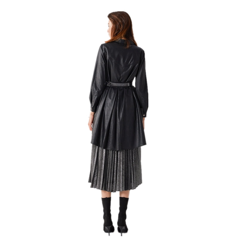 JJparty-7C56 Women faux leather band collar long sleeves A-shape midi shirt dress