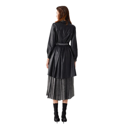 JJparty-7C56 Women faux leather band collar long sleeves A-shape midi shirt dress