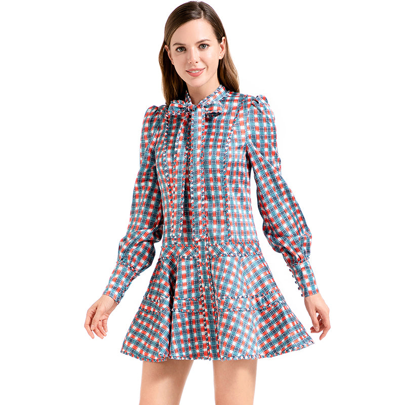 JJparty-D011 Women check print silk cotton long puff sleeves mini day dress