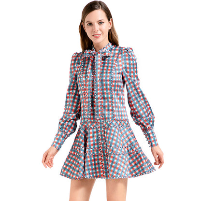 JJparty-D011 Women check print silk cotton long puff sleeves mini day dress
