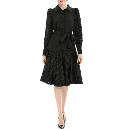 JJparty-D033 Women solid shirt collar long sleeves stripes detailing flared midi dress