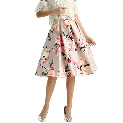 JJparty-S137 Women floral print inverted pleat A-line midi skirt