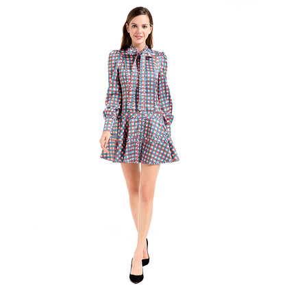 JJparty-D011 Women check print silk cotton long puff sleeves mini day dress