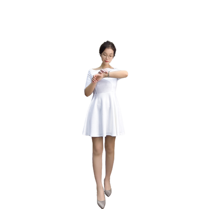 JJparty-D413 Women solid short sleeve boat neck flared mini dress