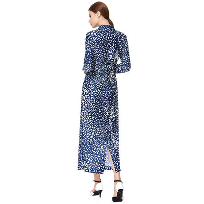 JJparty-D022 Women animal print long sleeves shirt collar midi day dress