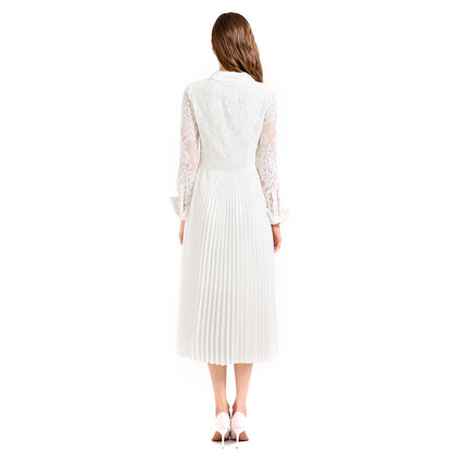 JJparty-D017 Women floral lace satin combo long sleeves shirt collar pleated midi party dress