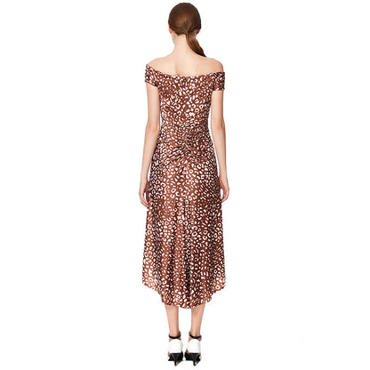 JJparty-D024 Women animal print off shoulder short sleeves asymmetric hem midi party dress