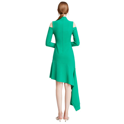 JJparty-D008 Women solid long sleeve cut out asymmetric hem mini party dress