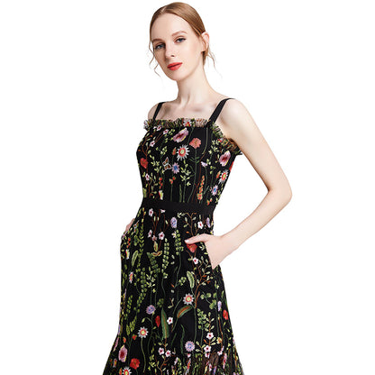 JJparty-D001 Women all-over floral embroidered tulle bare shoulder grosgrain strap midi party dress