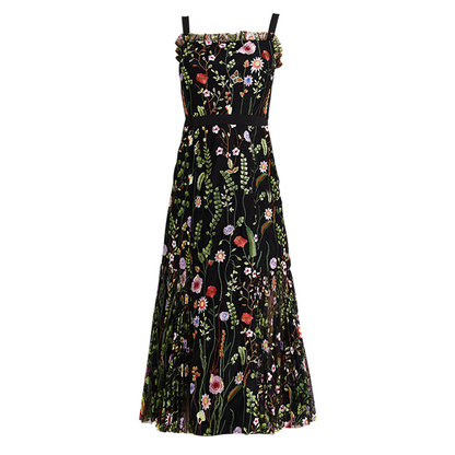 JJparty-D001 Women all-over floral embroidered tulle bare shoulder grosgrain strap midi party dress