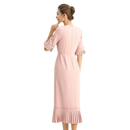 JJparty-D095-1 Women polyester crepe short sleeves ruffle detailed straight-cut midi dress