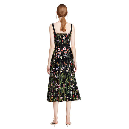 JJparty-D001 Women all-over floral embroidered tulle bare shoulder grosgrain strap midi party dress