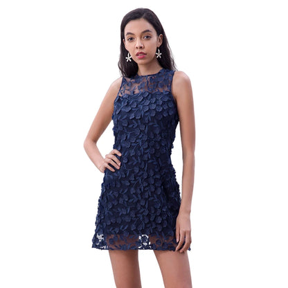 JJparty-D106 Women 3D flower embroidered tulle sleeveless fitted day and party mini dress